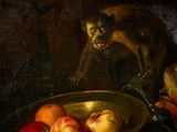 a painting of a monkey sitting on a table next to a bowl of apples