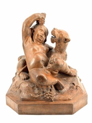 statue of a boy and a dog on a rock with a white background