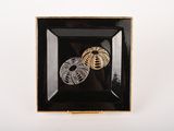 a picture of a black plate with a pair of rings in it