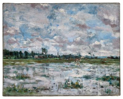 une peinture à l'huile représentant une rivière avec, en arrière-plan, le ciel et des nuages