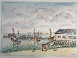 un tableau représentant des bateaux sur l'eau près d'un bâtiment