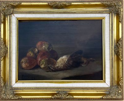 tableau représentant une nature morte composée de fruits et de légumes, dans un cadre doré