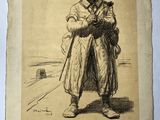 an old drawing of a man holding a cat in his arms