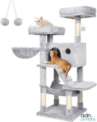 two cats are sitting on the top of a cat tree