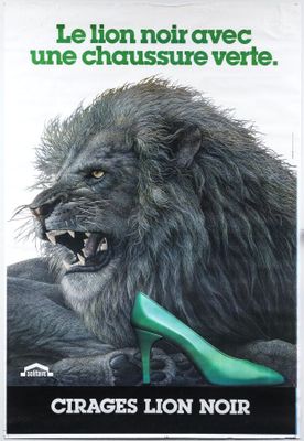 affiche représentant un lion portant une chaussure verte et un talon haut vert