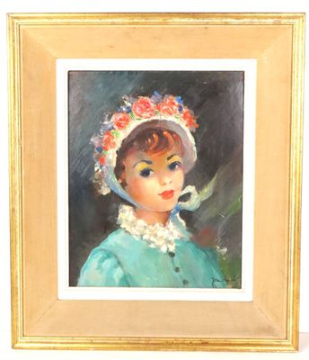Ecole XXe. "Portrait de jeune femme", huile sur isorel, sign…