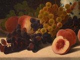 painting of peaches, grapes, and grapes on a table with a vase