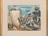 une image représentant une aquarelle d'un village avec des chevaux et des personnages