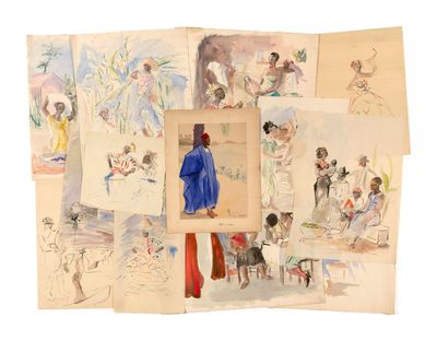 many drawings of people and animals on the pages
