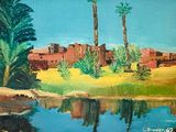 une peinture à l'huile représentant un paysage désertique avec des palmiers et un plan d'eau