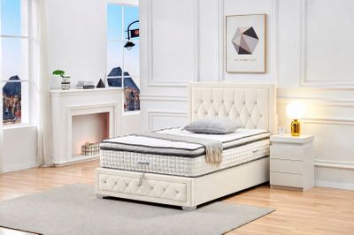 an image of a bedroom with a bed and a fireplace