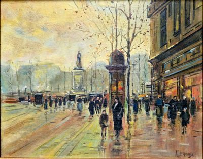 une peinture de personnes marchant dans la rue sous la pluie