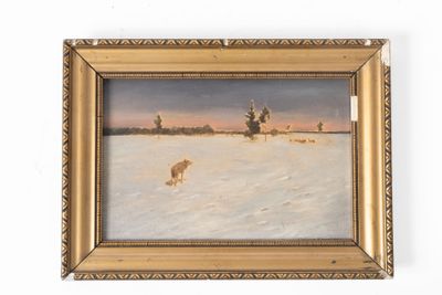 une image représentant un tableau d'un chien dans un champ enneigé