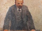 painting of a man sitting at a table with a piece of paper in front of him