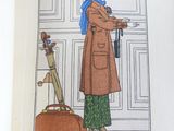 a drawing of a woman in a coat and hat