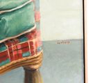 an oil painting of a chair with a green cushion on top of it