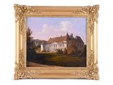 une image représentant un tableau d'une grande maison blanche dans un champ
