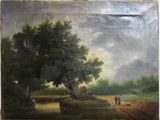 une peinture à l'huile représentant un homme et un chien sur un chemin de terre au bord d'une rivière