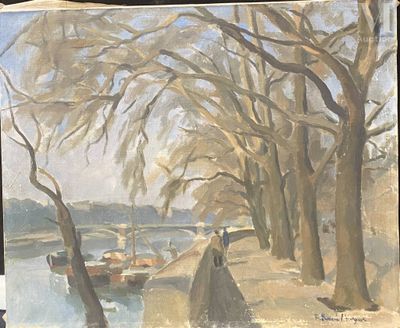 un tableau représentant une femme marchant sur un sentier au bord de l'eau