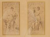 three framed drawings of people and a dog in a room