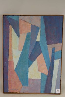 abstract painting on a wall in a room with white walls