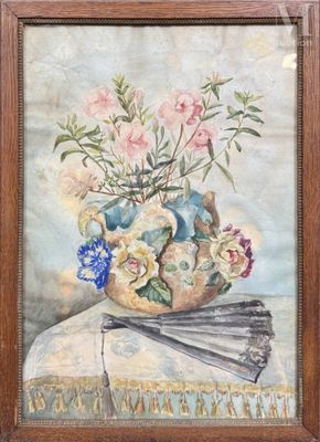 une peinture à l'huile représentant des fleurs dans un vase sur une table