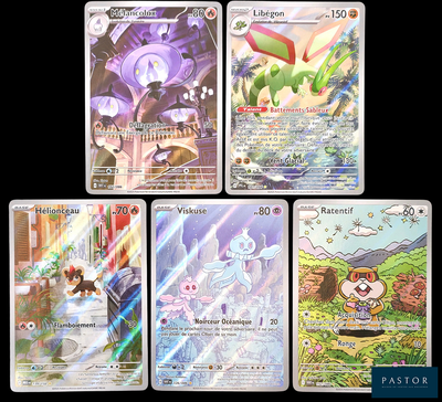 four different pokemon cards are shown in a row on a black background