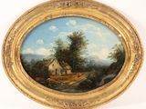 an oval painting of a farm scene with a man and a dog