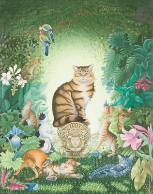 un tableau représentant un chat entouré d'animaux de la jungle