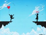 painting of two children flying a heart shaped balloon over a cliff