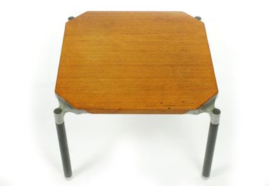 a small wooden table with metal legs and a wooden top