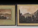 deux tableaux représentant des montagnes et une rivière, dans un cadre noir