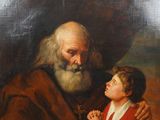painting of an old man holding a child in his arms