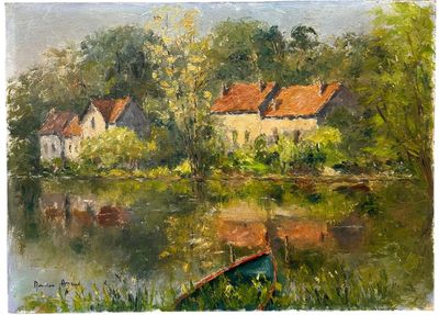 an oil painting of a boat on a river with houses in the background