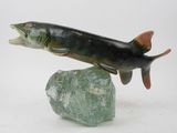 a fish that is sitting on a rock on a white surface