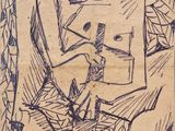 dessin représentant un homme assis sur une chaise, avec une boîte sur la tête