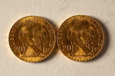 deux pièces d'or sur une surface blanche