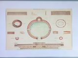 an old drawing of a building with a circular pool in the center