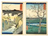 two paintings of mountains and a river with a person in a boat