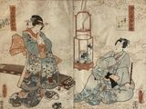 une image représentant un tableau où figurent deux femmes en kimono