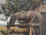 painting of a farm scene with chickens and chickens in the foreground