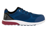 un gros plan d'une chaussure bleue et rouge sur fond blanc
