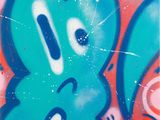 a painting of a blue cartoon character on a red wall