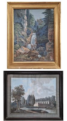 two framed paintings of a waterfall and a waterfall in a wooded setting