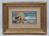 painting of a woman sitting on the beach with an umbrella