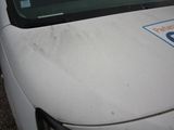 a white truck with a blue sticker on it ' s hood