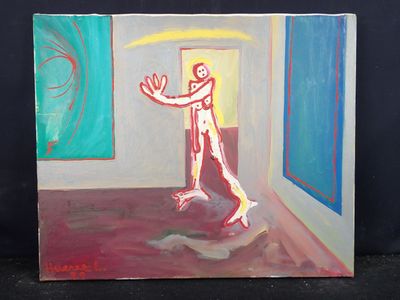 tableau représentant un homme debout devant un tableau représentant une personne dans une pièce