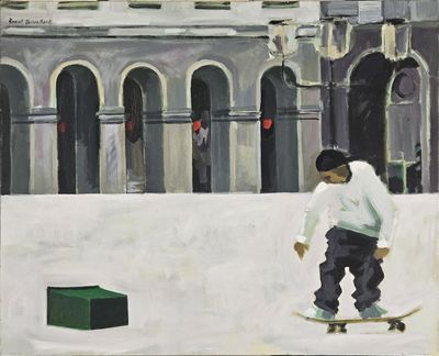 a painting of a boy riding a skateboard in the snow