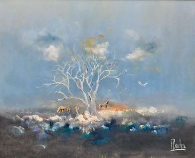 l'image d'un tableau représentant un arbre au milieu d'un champ