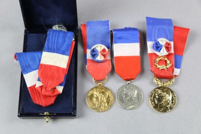 trois médailles et une médaille se trouvent dans un écrin posé sur une table